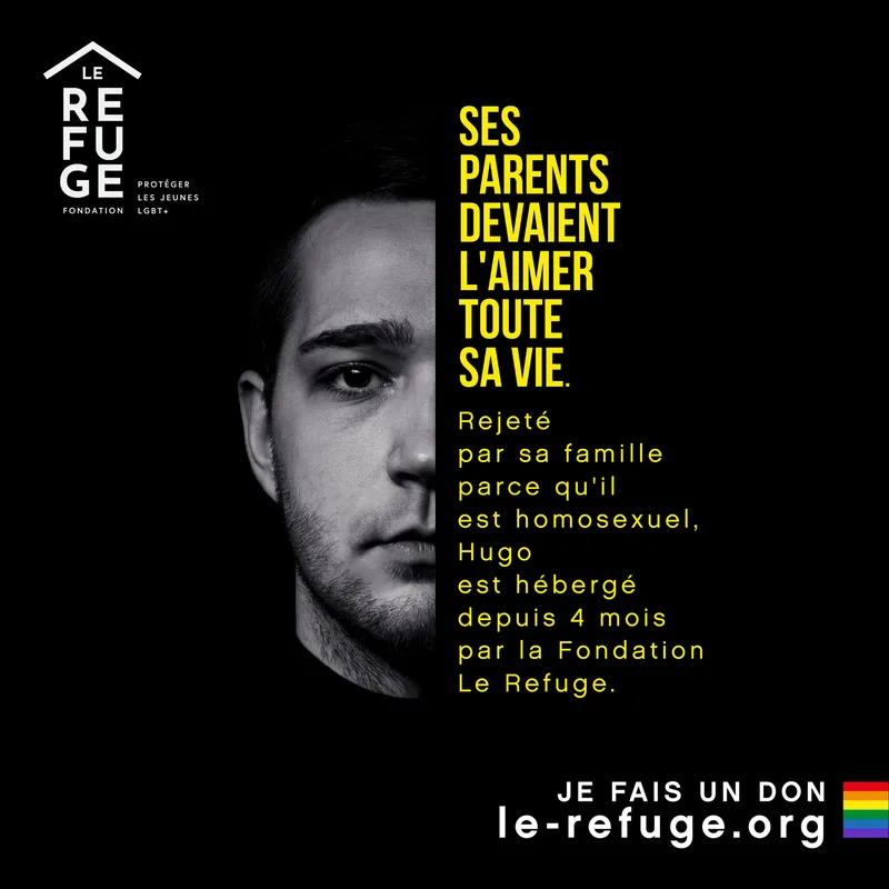 Black poster: a young man’s face lit on the right half, headline in yellow capitals, the foundation logo at the top left, a fundraising appeal at the bottom.